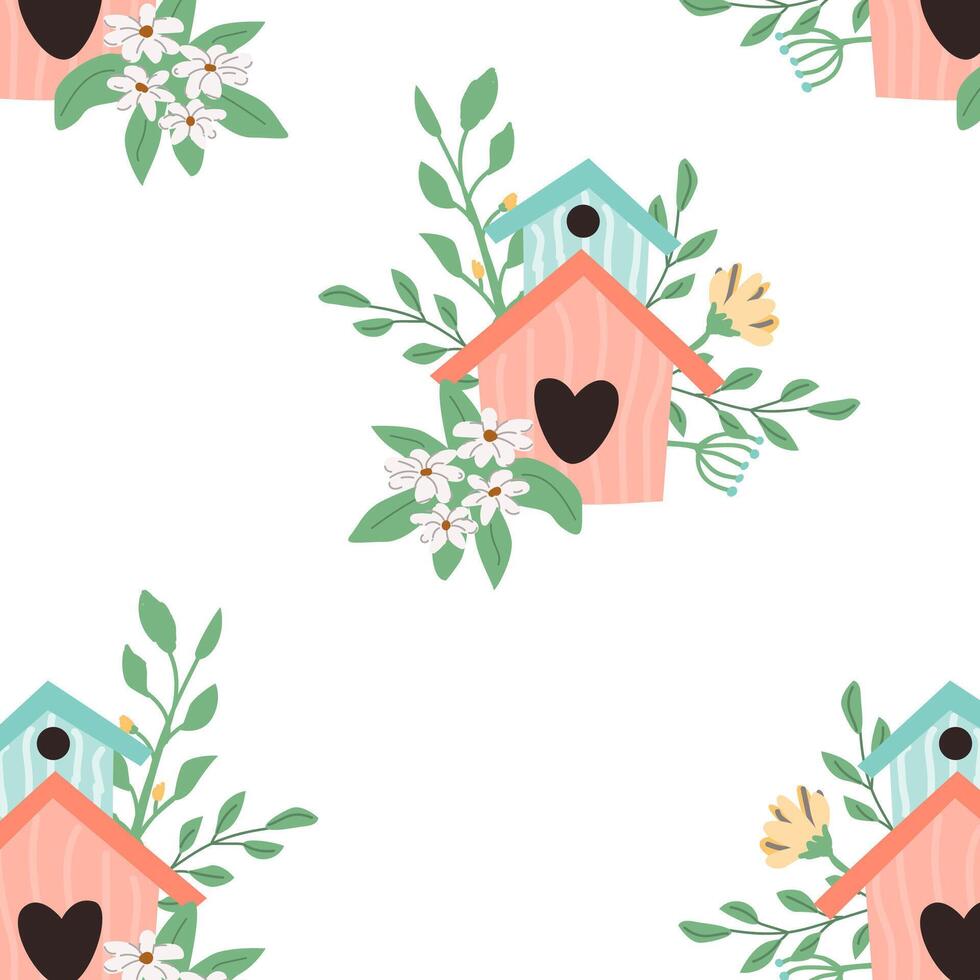 carino rosa romantico birdhouse con floreale ramo modello. vettore illustrazione può Usato per involucro carta, copertina per taccuino.