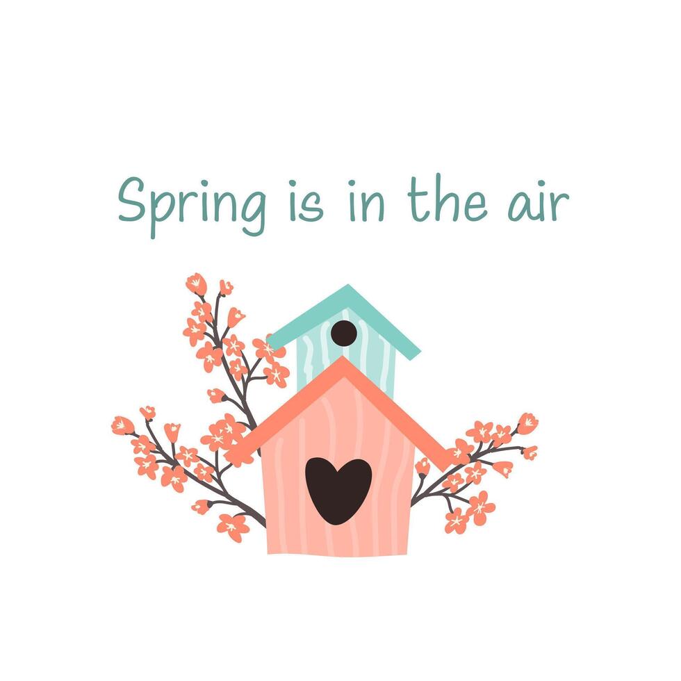mano disegnato uccello Casa con ciliegia fiorire ramo - carta con lettering primavera è In arrivo. vettore illustrazione può Usato per primavera o autunno carta, estate arredamento. carino birdhouse e mazzo.