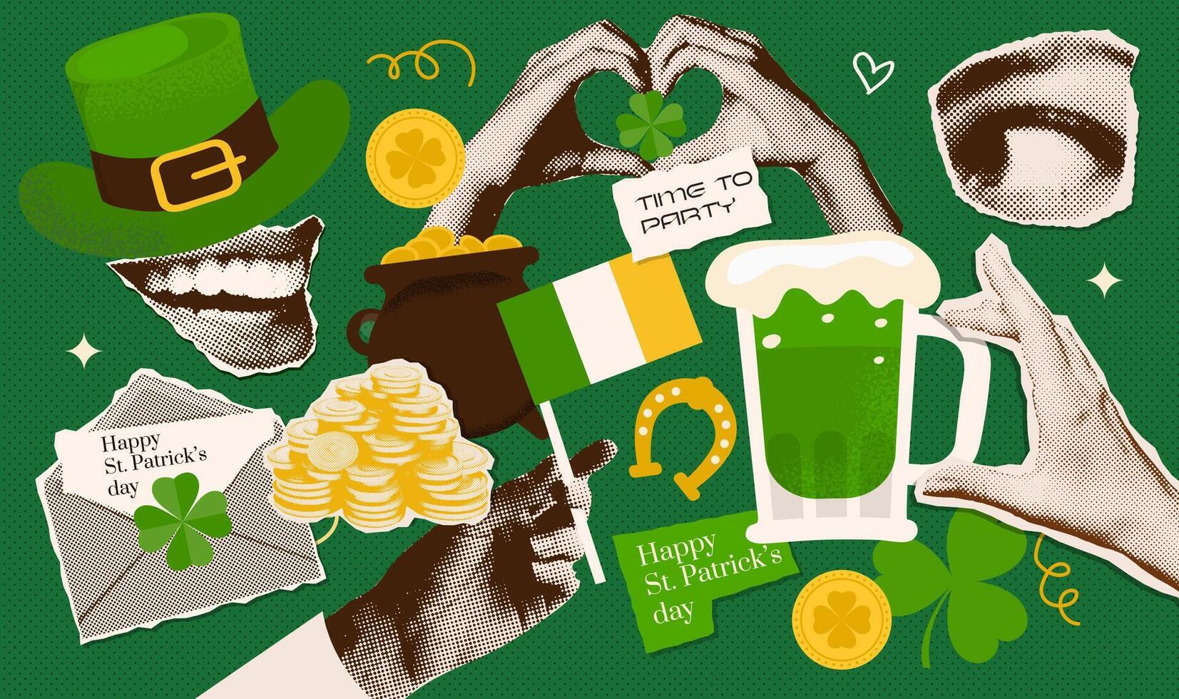 collage di mezzitoni carta adesivi di st. patrick S giorno vacanza su verde sfondo. Groovy elementi nel di moda psichedelico y2k etichetta stile. bocca, occhio, mani tratteggiata elementi. vettore illustrazione.