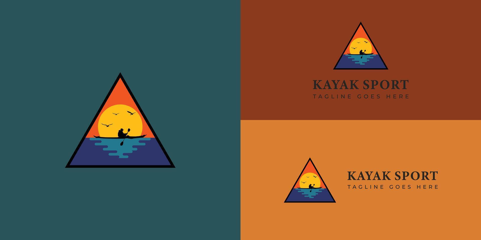Vintage ▾ kayak avventura francobollo logo nel triangolo forma applicato per Comunità logo design ispirazione. kayak e canoa, vacanza noleggio logo disegno, all'aperto logo, e paesaggio vettore