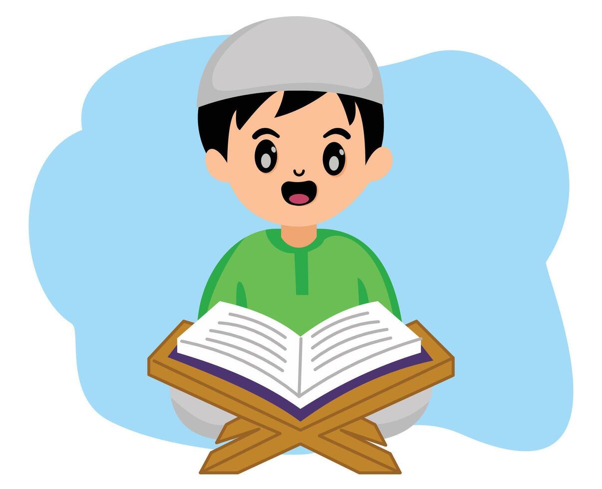 carino cartone animato musulmano ragazzo lettura santo Corano nel mese Ramadan digiuno vettore