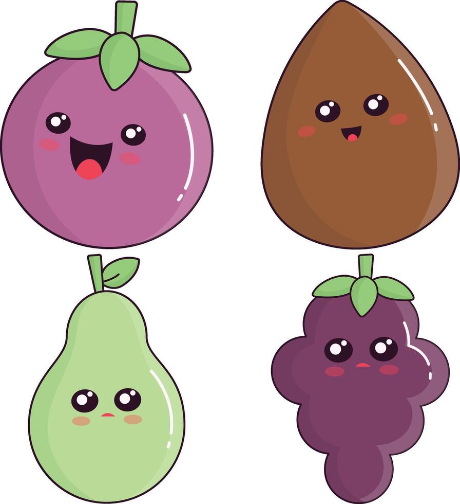 impostato di kawaii frutta mascotte. isolato su bianca sfondo. cartone animato stile. vettore illustrazione