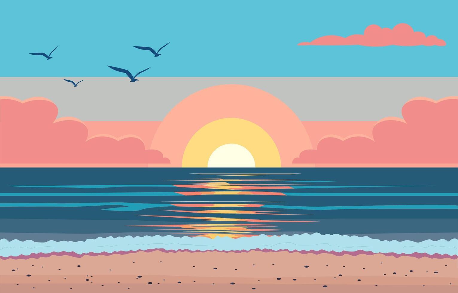 piatto design di bellissimo spiaggia paesaggio con gabbiani volante nel colorato cielo a tramonto vettore