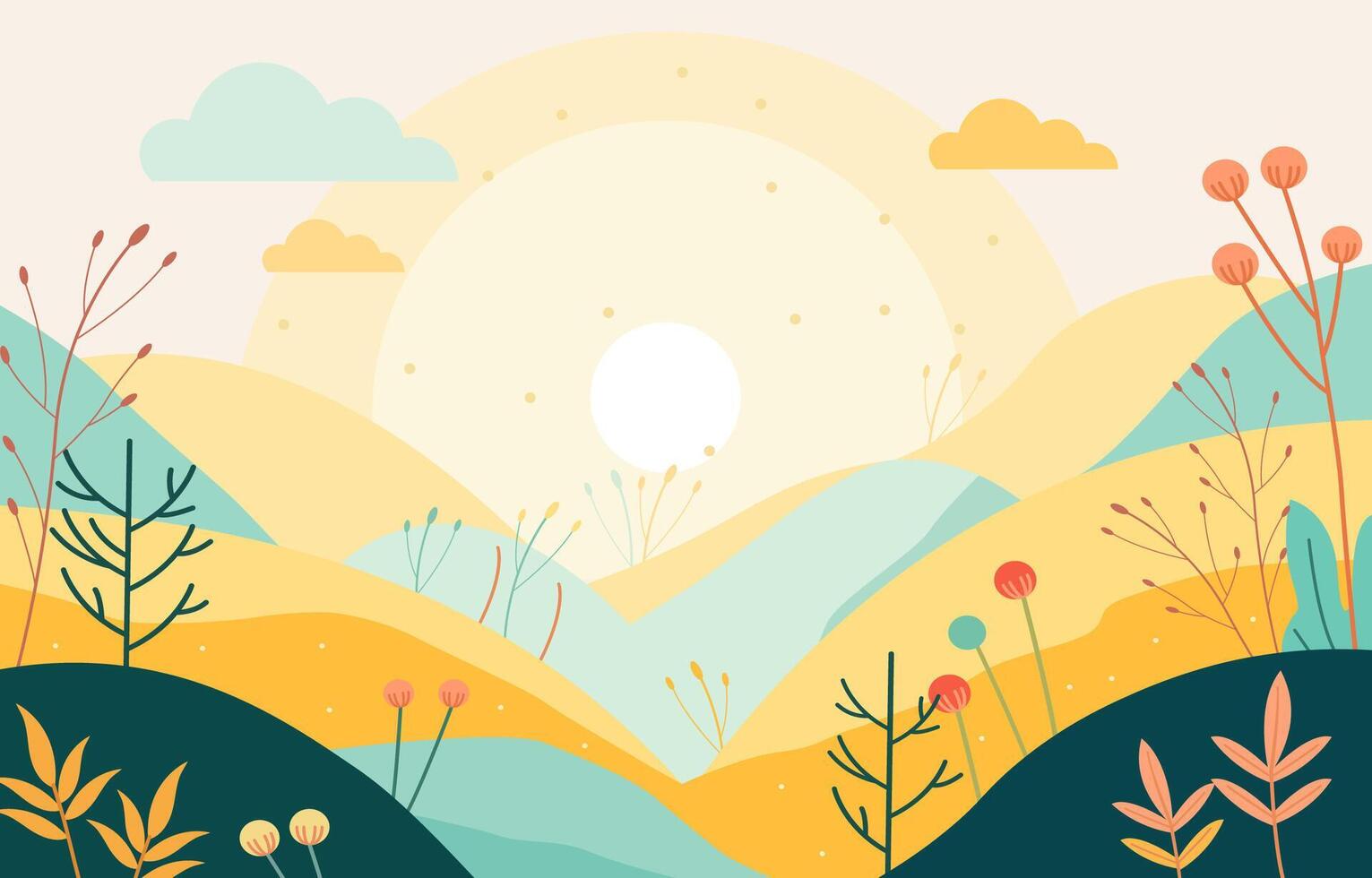 piatto design illustrazione di colline natura paesaggio con grande sole nel estate vettore