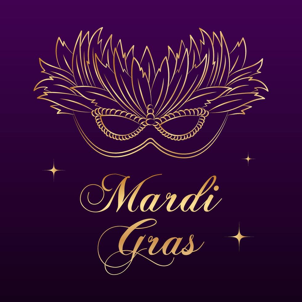 mardi gras striscione, d'oro lusso carnevale maschera e testo su stella sfondo. manifesto, volantino, vettore
