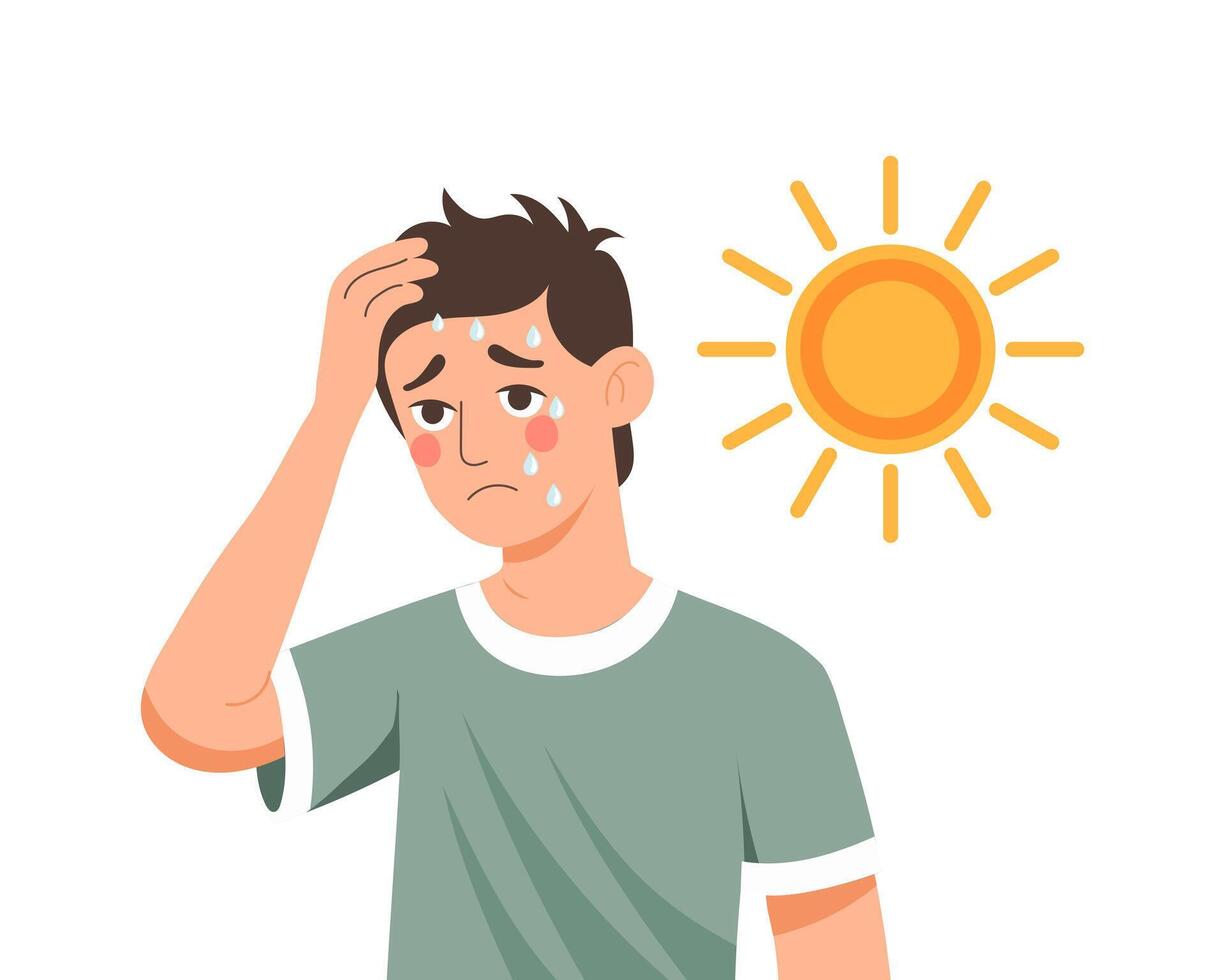 giovane uomo con mal di testa a partire dal colpo di sole o calore. assistenza sanitaria e medicinale. illustrazione, vettore