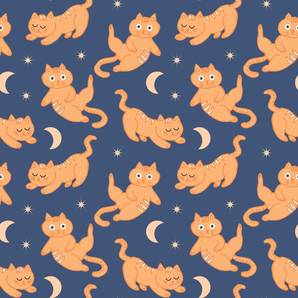 senza soluzione di continuità modello, divertente gattini su il sfondo di il notte cielo con il Luna e stelle. figli di tessile, Stampa, vettore. vettore