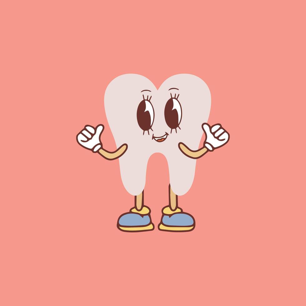 Groovy dente cartone animato personaggio agitando il suo mano. divertente salutare bianca molare con contento viso, retrò cartone animato denti mascotte, odontoiatria e dentale cura etichetta di 70s anni 80 vettore illustrazione.