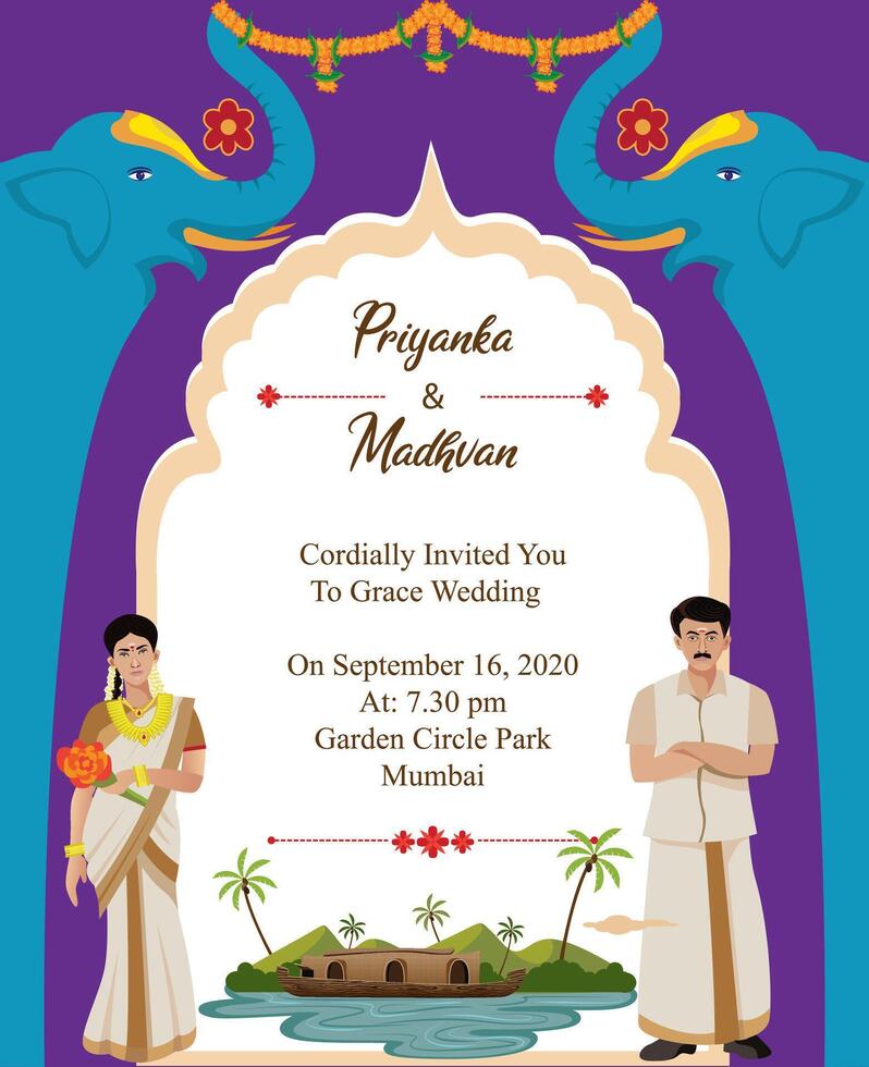 indiano kerala nozze carta invito design modello con decorativo elefante vettore