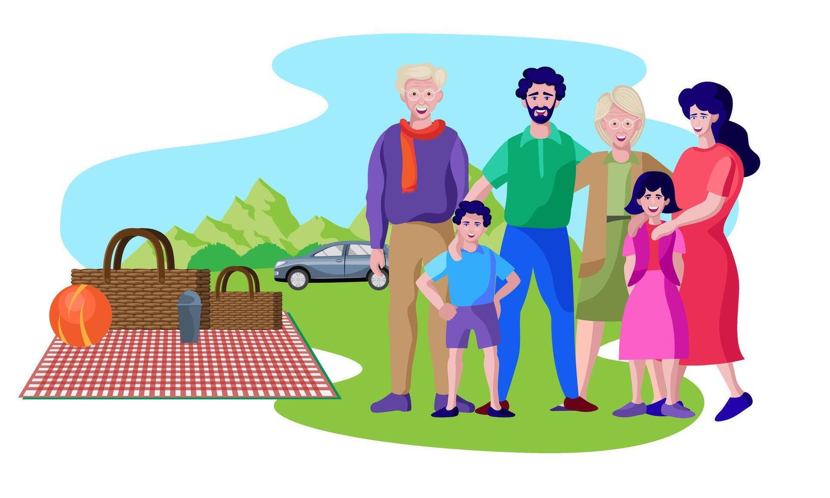 famiglia con nonni picnic, all'aperto vettore