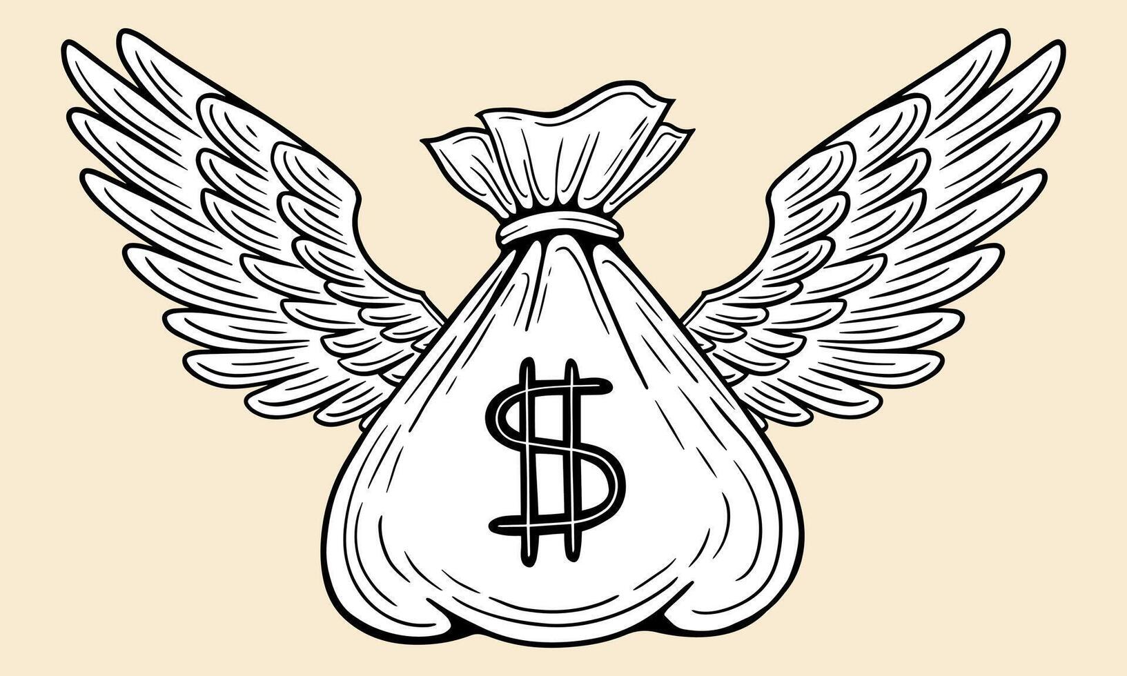 i soldi Borsa con Ali, i soldi volante mano disegnato vettore illustrazione