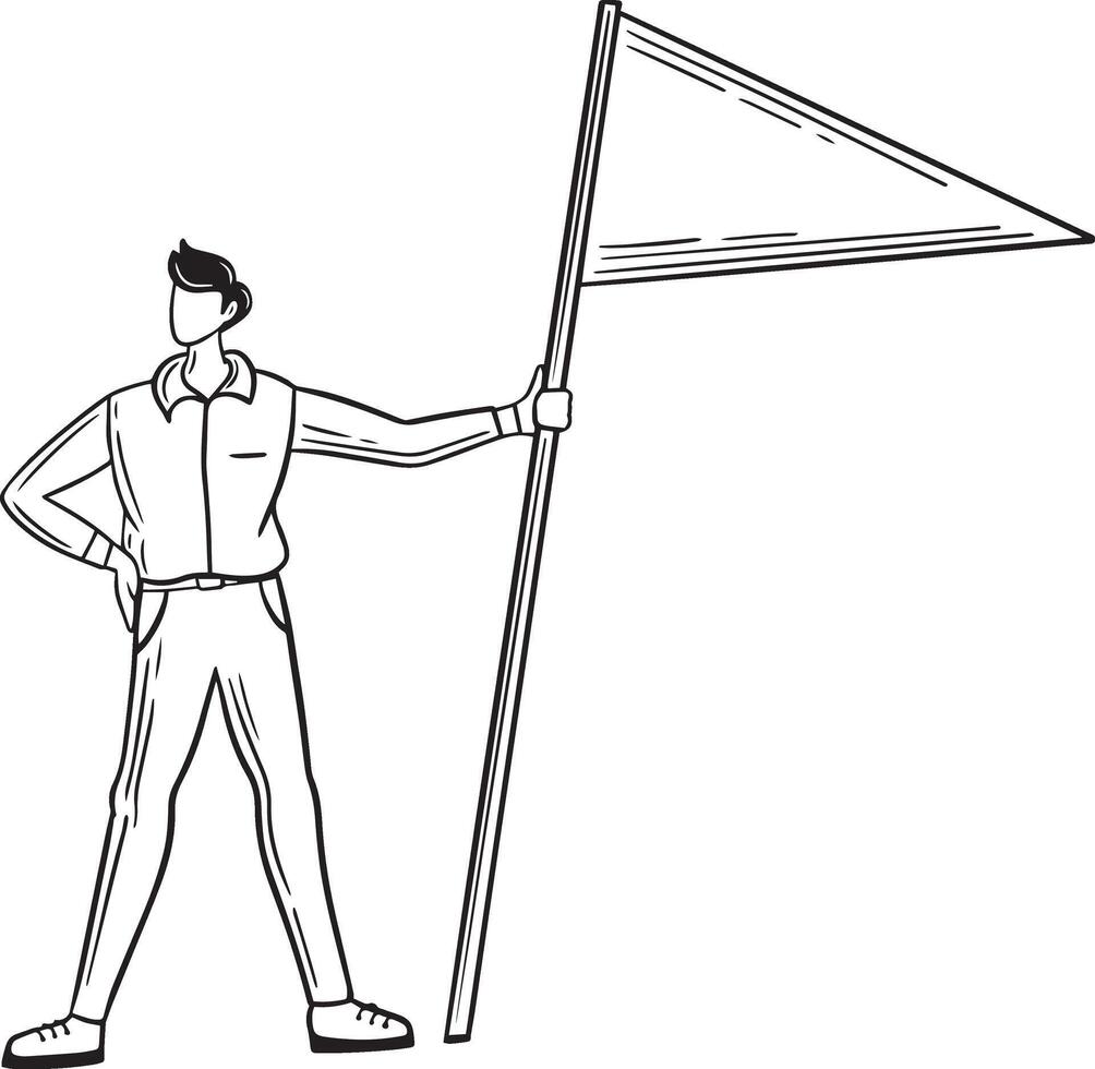uomo in piedi con vittoria bandiera mano disegnato vettore illustrazione