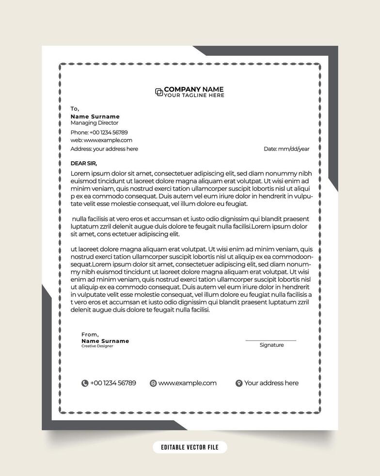 moderno attività commerciale e aziendale carta intestata modello. carta intestata design con nero colori. bianca colore sfondo. professionale creativo modello design per attività commerciale. vettore carta intestata design.