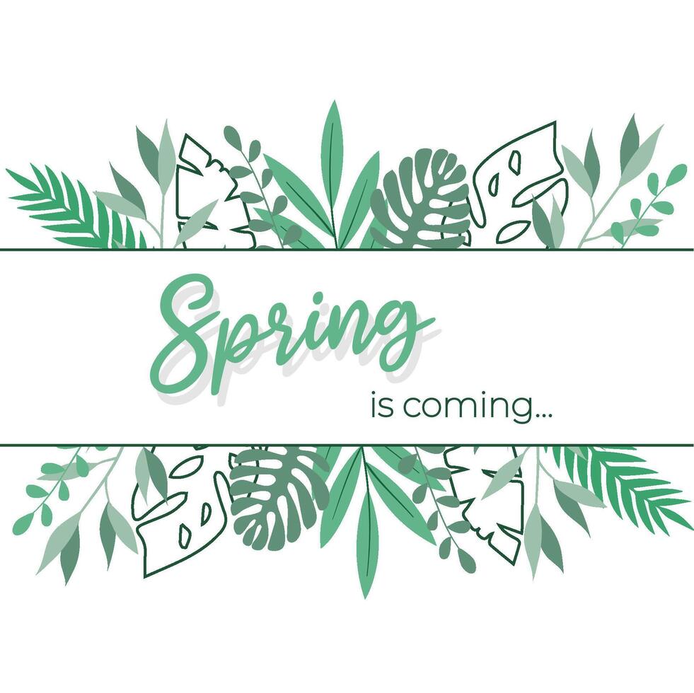 primavera è In arrivo. primavera formulazione con floreale elementi su sfondo. minimalista e piatto design vettore