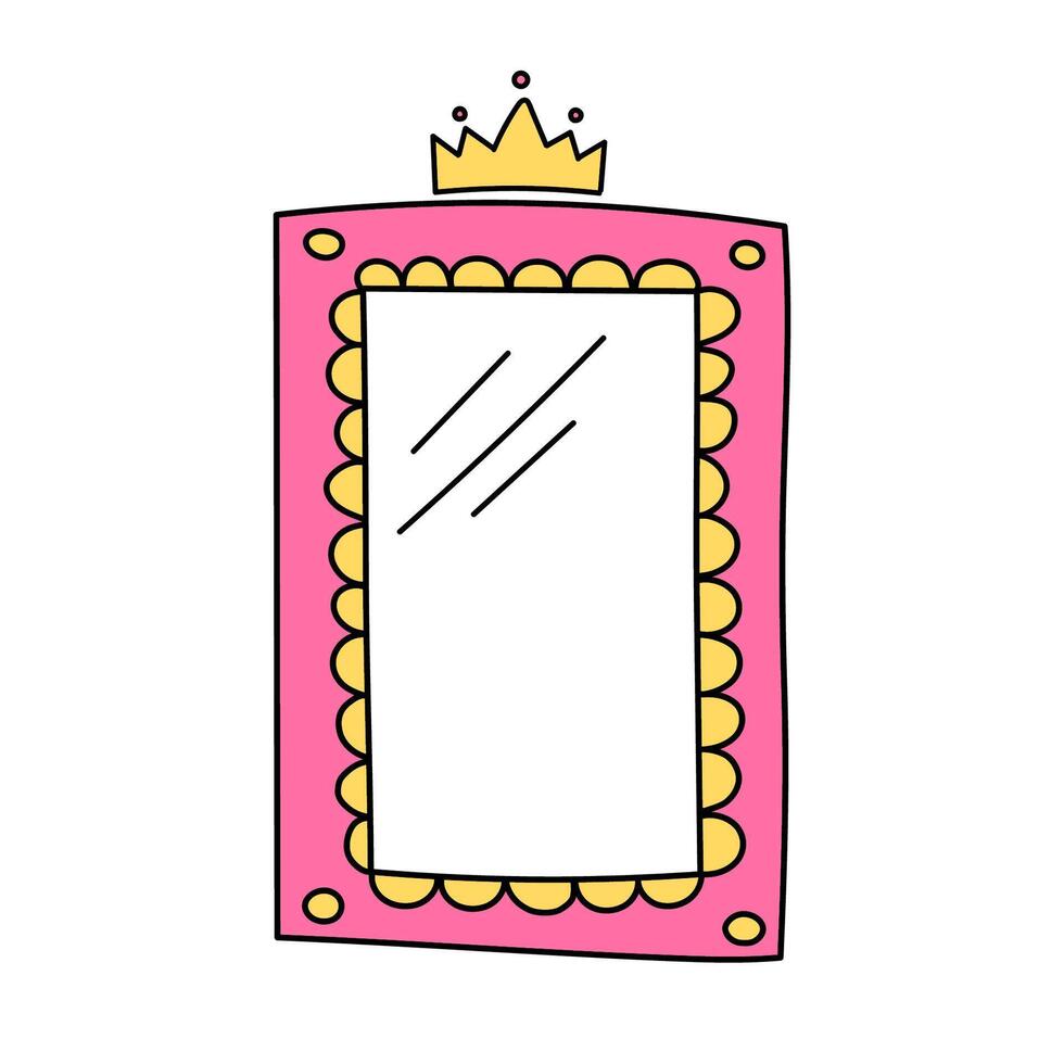 carino rettangolare vettore telaio con corona isolato su bianca sfondo. rosa specchio per poco Principessa, bellissimo decorativo confine, mano disegnato, scarabocchio illustrazione.