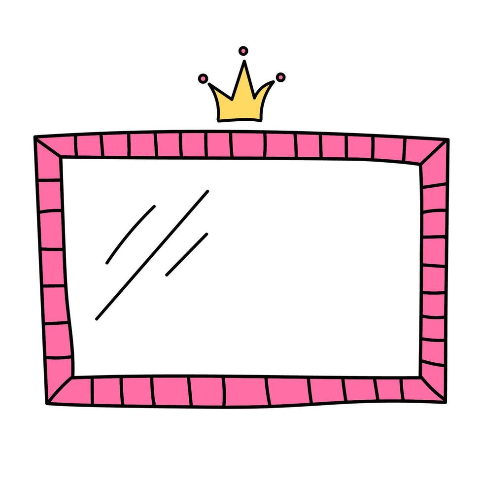 carino rettangolare minimalista vettore telaio con corona isolato su bianca sfondo. rosa specchio per poco Principessa, bellissimo decorativo confine, mano disegnato, scarabocchio illustrazione.