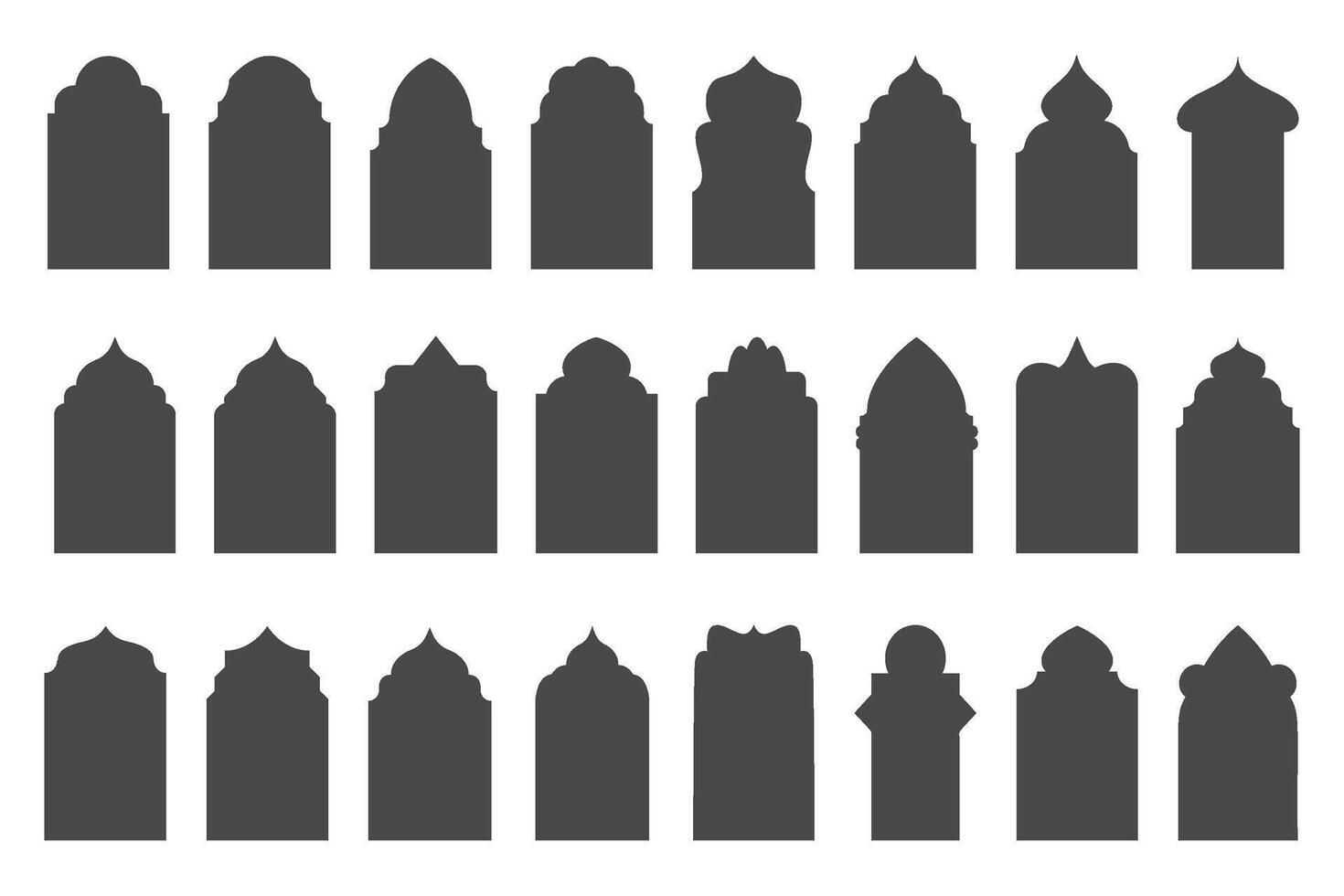 islamico porte e arabo finestre impostare. moschea islamico cornici. musulmano orientale forme design per Ramadan. vettore silhouette elementi.