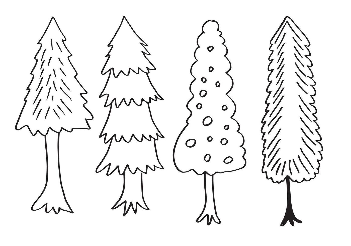 doodle park foresta conifere sagome astratte delineati alberi in set di raccolta di colore nero vettore