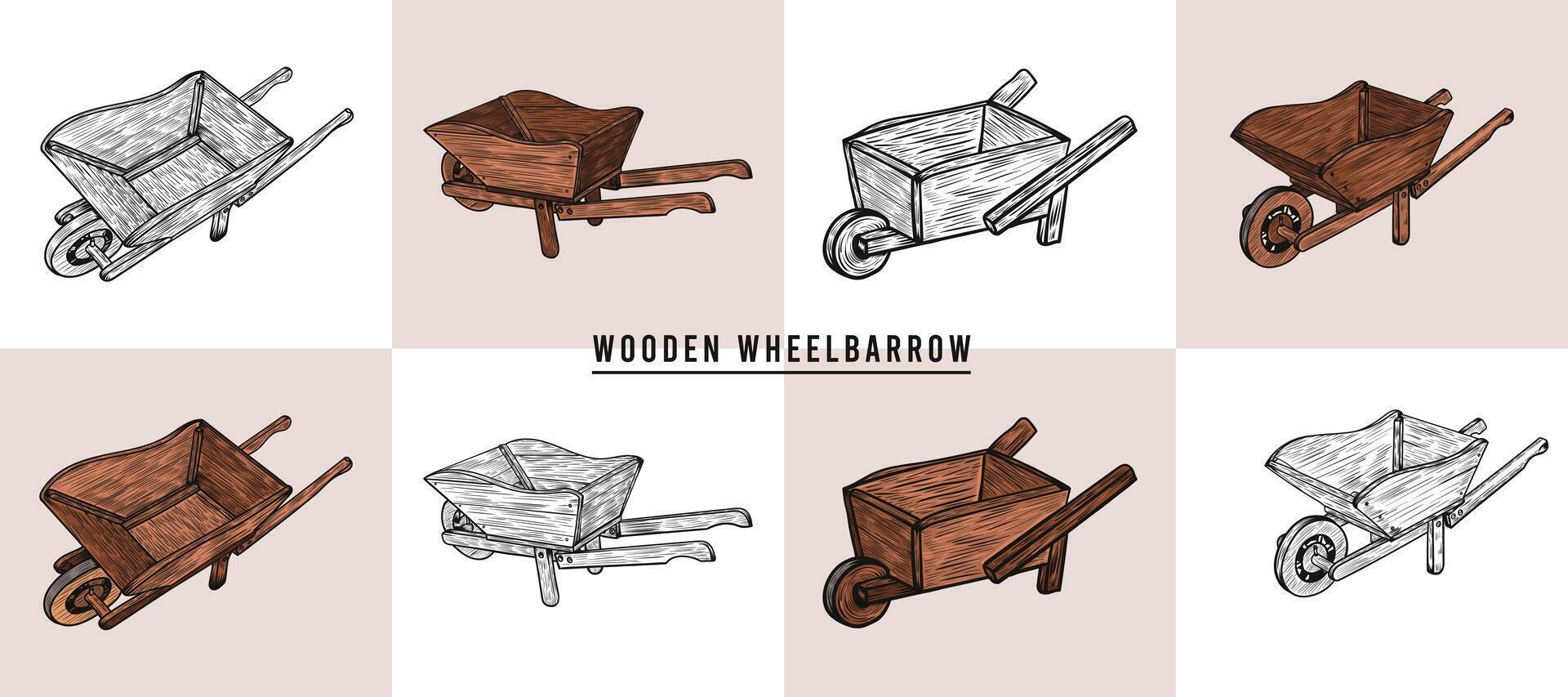 di legno carriola Vintage ▾ mano disegnato vettore illustrazione. Vintage ▾ vettore illustrazione.