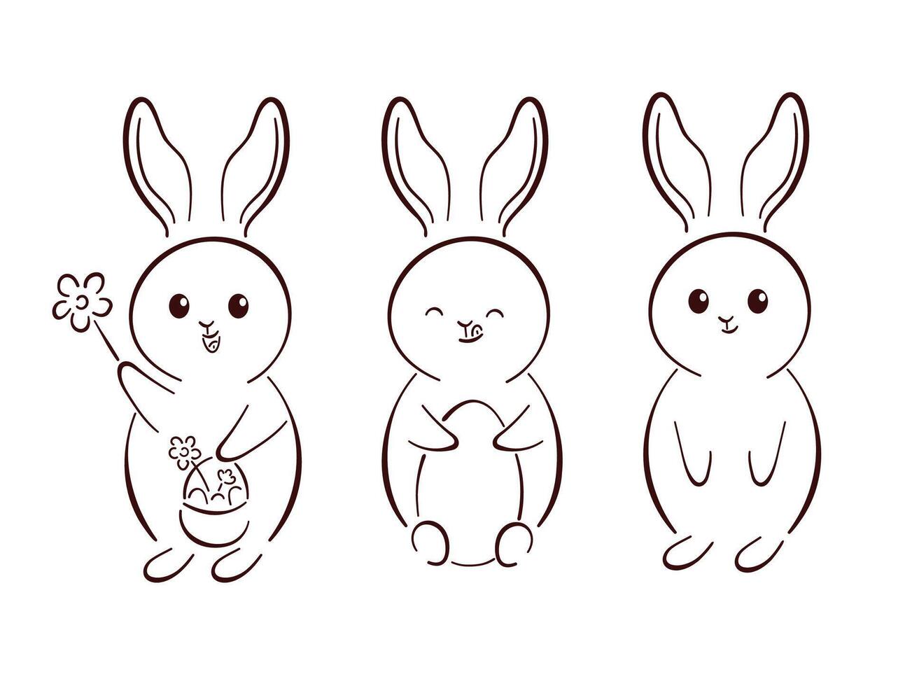 carino impostato di Pasqua coniglietto nel linea arte stile. coniglio con fiori, cestino e uova. vettore illustrazione isolato su un' bianca sfondo.