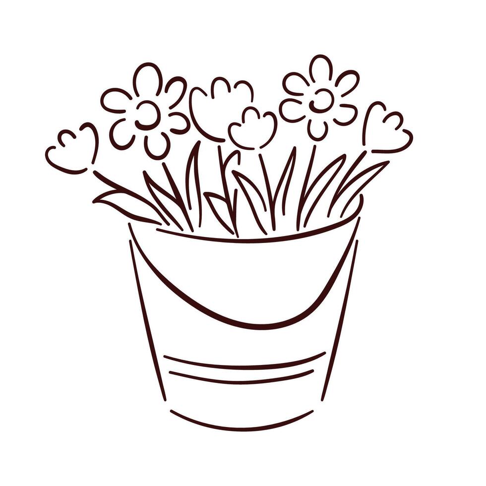 secchio con primavera margherita e tulipano fiori nel linea arte stile. vettore illustrazione isolato su un' bianca sfondo.