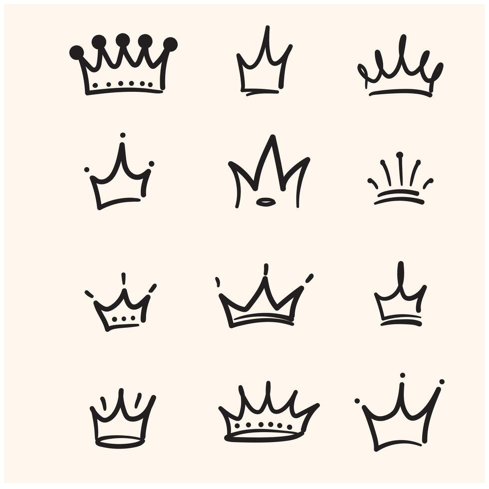 scarabocchio corona mano disegnato impostare. scarabocchio Principessa corona, Regina tiara. linea schizzo reale elemento con illustrazione stile scarabocchio e linea arte vettore