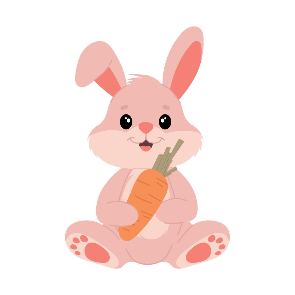 carino rosa coniglietto con carota. Pasqua coniglietto nel piatto stile su un' bianca sfondo. Pasqua o primavera clipart. vettore