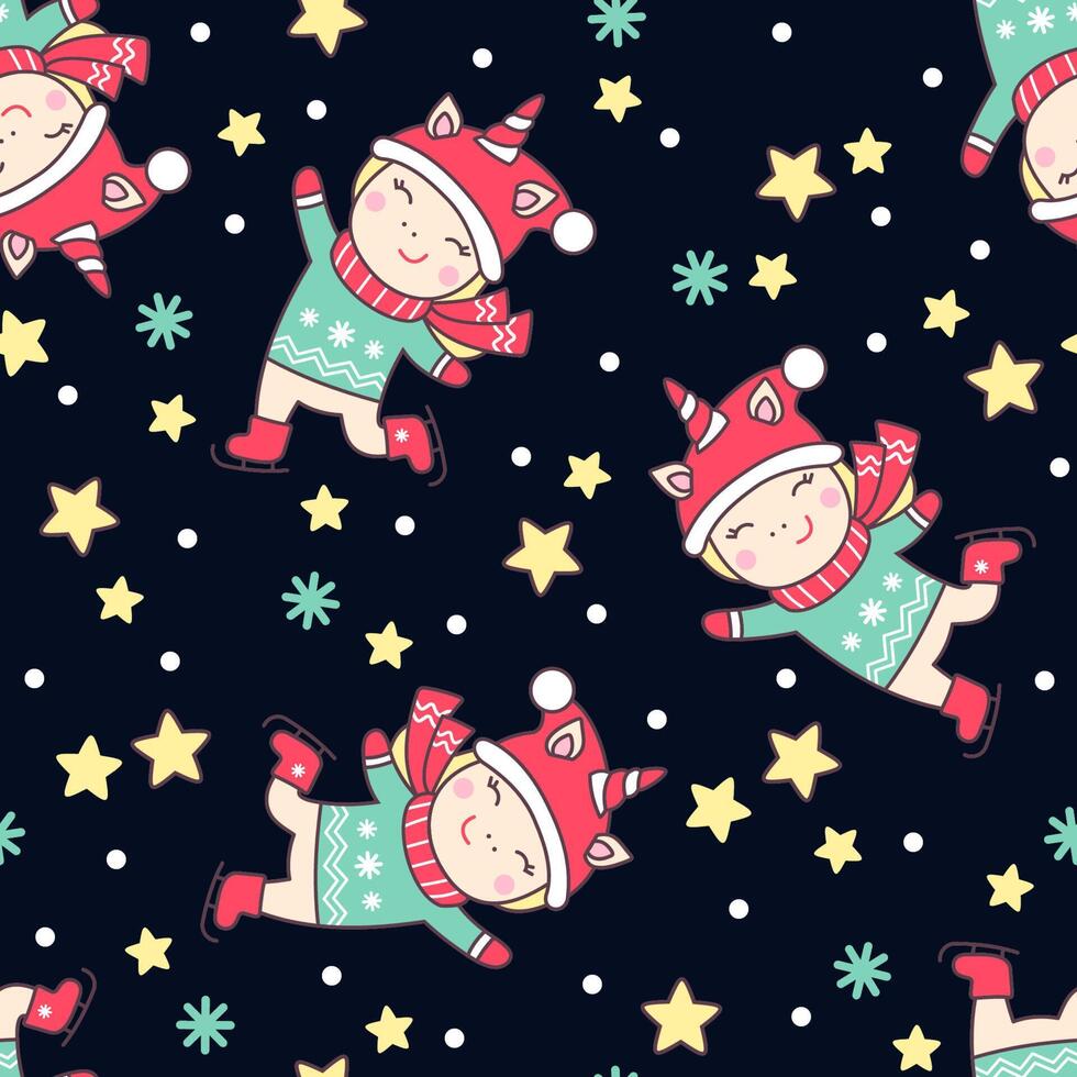 Natale senza soluzione di continuità modello con carino unicorno ghiaccio pattinando, stelle e i fiocchi di neve su nero sfondo. vettore