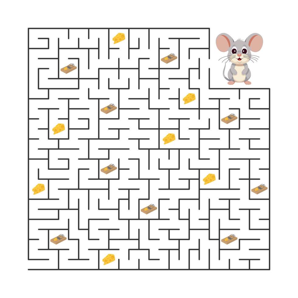 vettore illustrazione. figli di puzzle. Aiuto il topo raccogliere formaggio e trova un' modo su di il labirinto senza caduta in un' trappola per topi