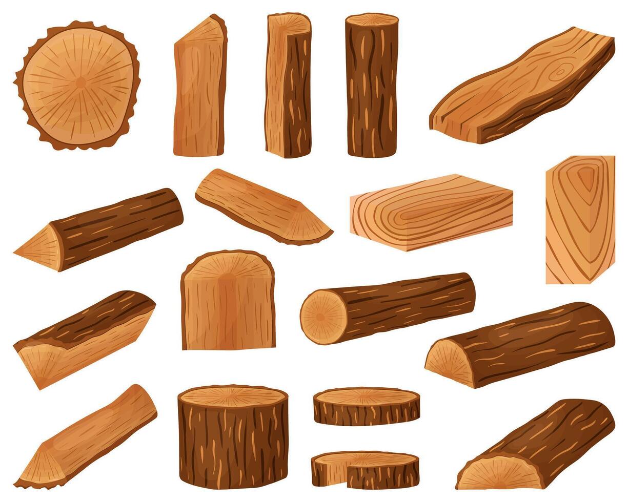 crudo materiale per il la lavorazione del legno industria. albero tronco, registri, tronchi, di legno tavole, ceppi, vettore illustrazione.