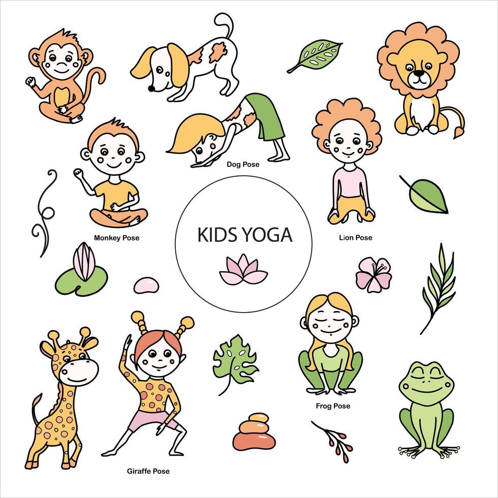 impostato di bambini yoga animale pose. scimmia, rana, Leone, giraffa, cane asana. vettore cartone animato illustrazione nel scarabocchio stile.