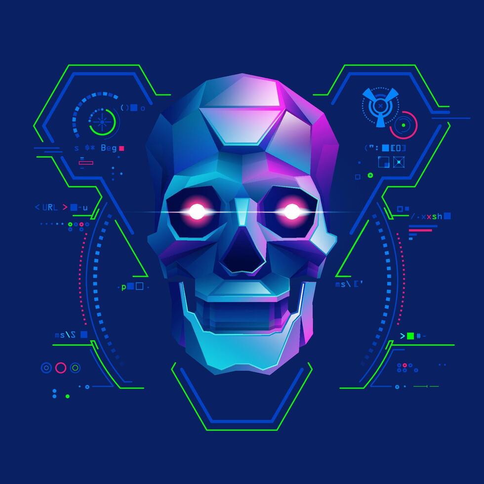 concetto di informatica crimine o virus computer, grafico di Basso poli cranio con futuristico programmazione interfaccia vettore