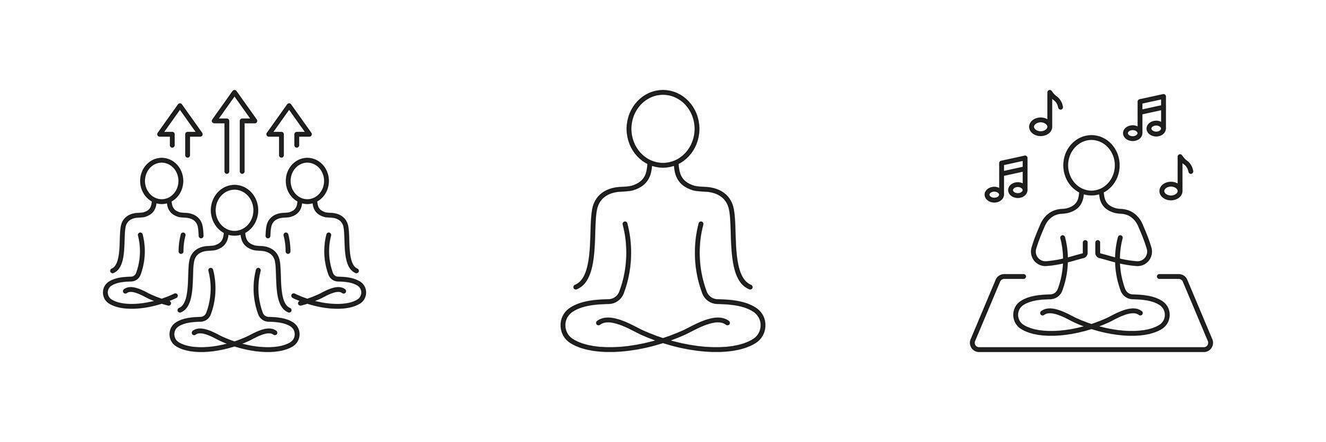 meditare e rilassare linea icona impostare. benessere simbolo. gruppo spirituale esercizio e meditazione. yoga pose lineare pittogramma. calma, equilibrio, serenità. modificabile ictus. isolato vettore illustrazione