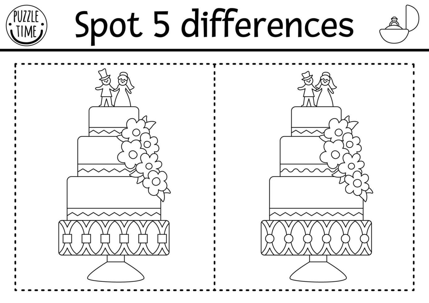 trova differenze gioco per bambini. nero e bianca educativo attività con carino nozze torta. matrimonio stampabile colorazione pagina per bambini con divertente dolce con sposa e sposo figurine vettore