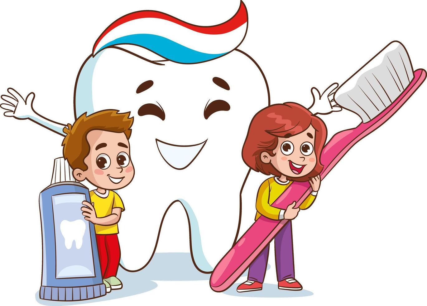 vettore spazzolatura denti concetto con cartone animato personaggio