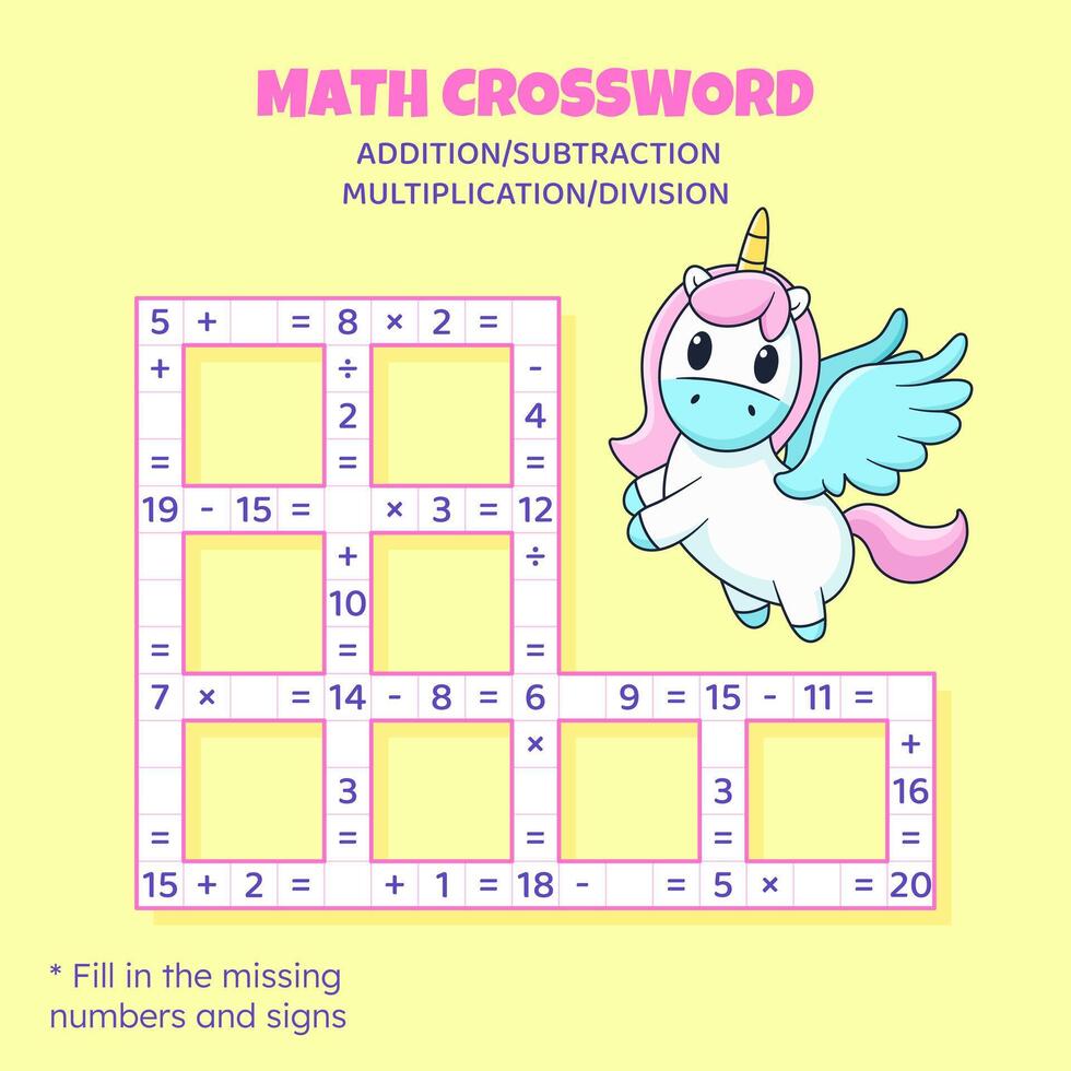 matematica cruciverba puzzle per bambini. aggiunta, sottrazione, moltiplicazione e divisione. conteggio su per 20. vettore illustrazione. gioco con cartone animato carino unicorno. compito, formazione scolastica Materiale per bambini.