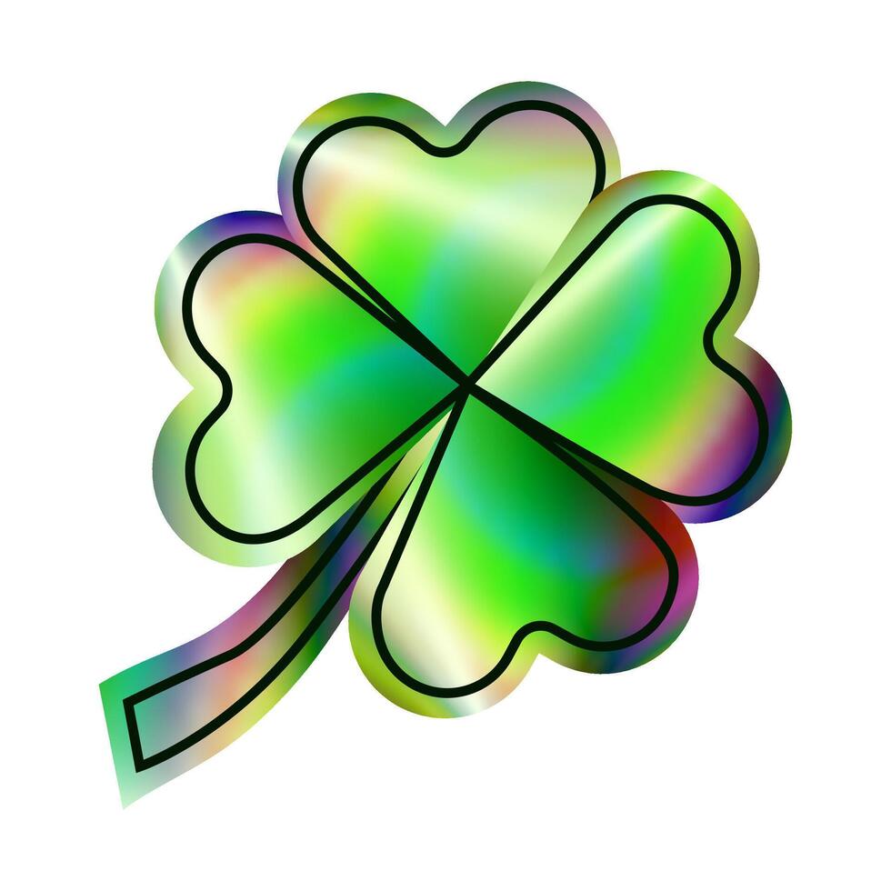 iridescente olografico Foglio neon verde trifoglio etichetta per st. Patrick giorno moderno design. quattro foglia trifoglio foglia y2k vettore illustrazione isolato su trasparente sfondo