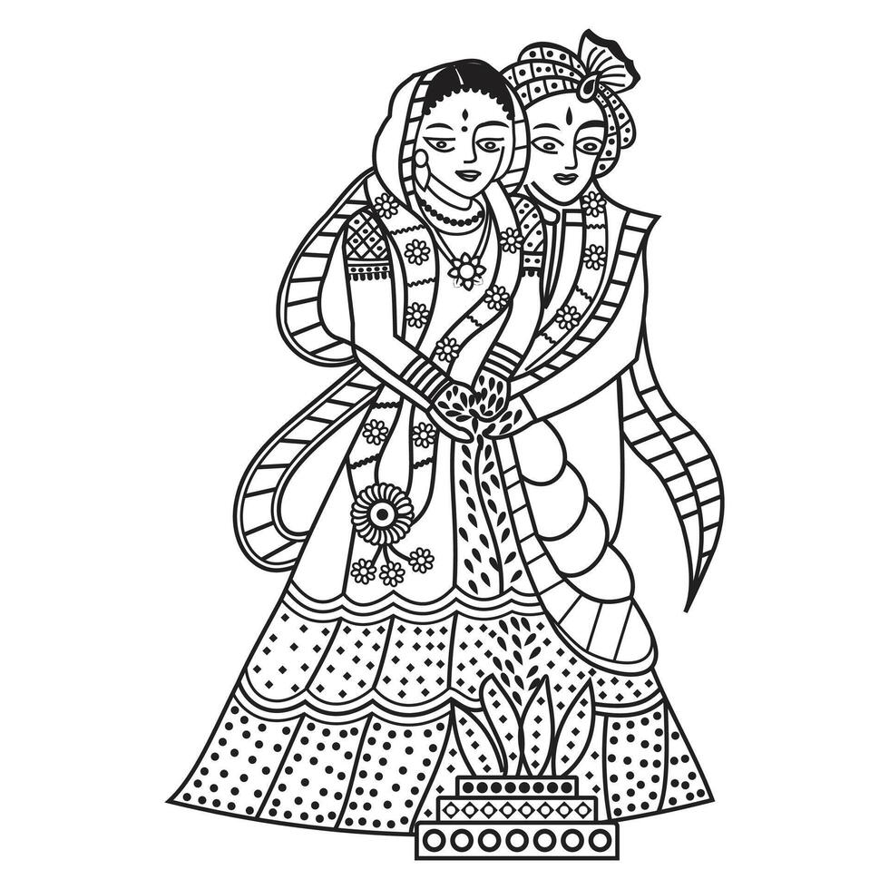 un' indiano nozze clip arte sposa e sposo in piedi, nero e bianca linea disegno illustrazione clip arte. indiano nozze clip arte dulha dulhan nero e bianca illustrazione. vettore