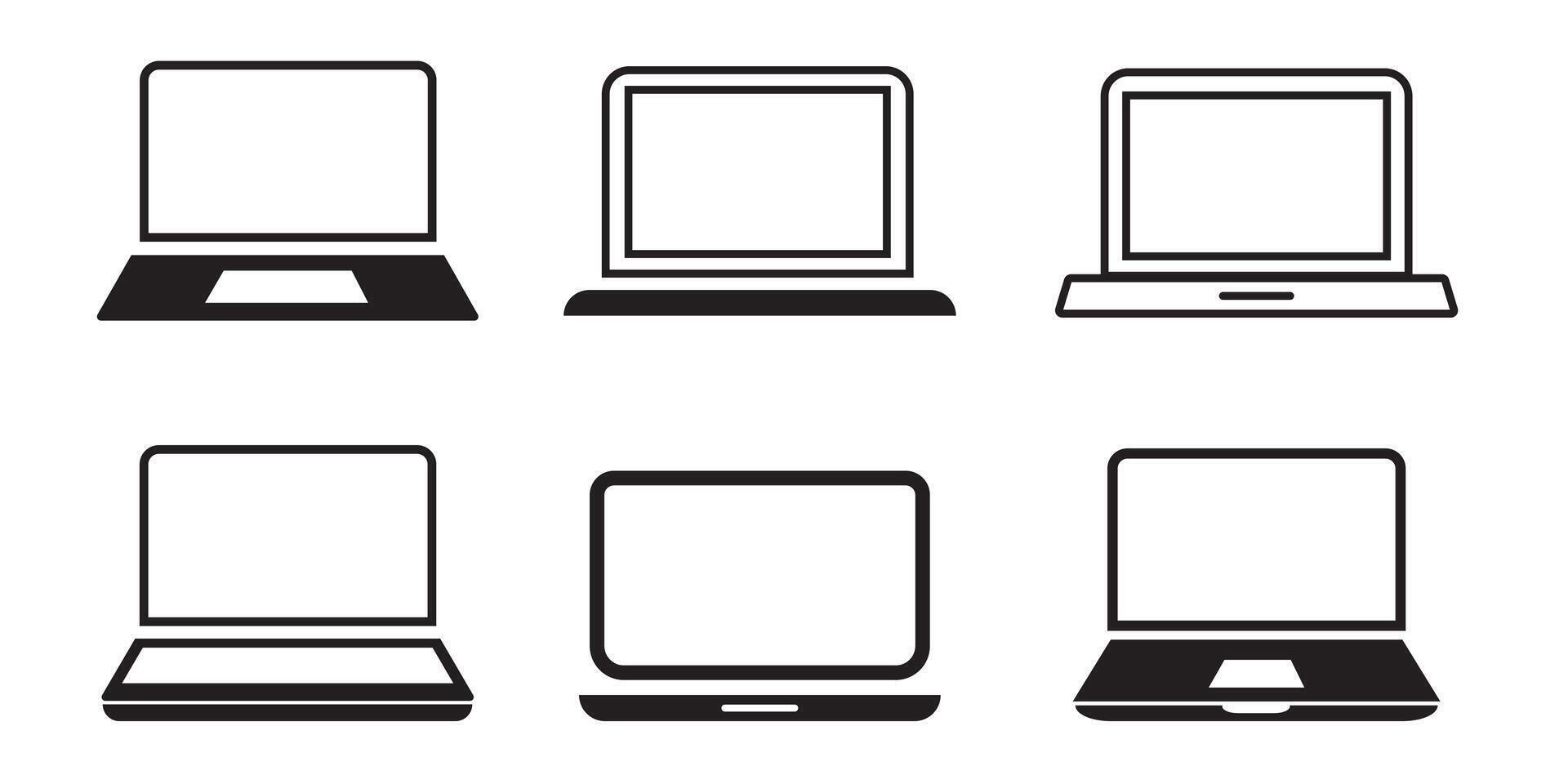 il computer portatile icone impostare. il computer portatile diverso stile. collezione computer portatili o taccuino computer. piatto e linea icona vettore illustrazione.