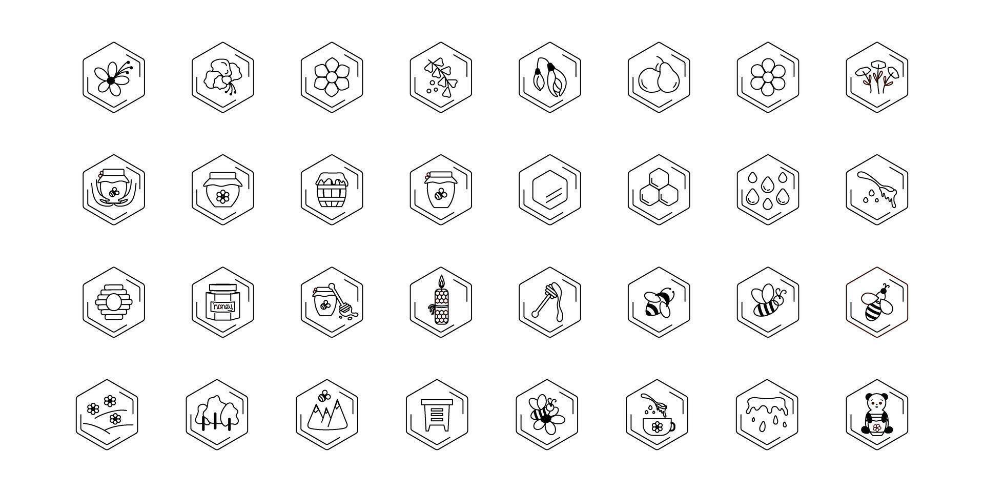 miele icona impostato vettore. ape, fiore, miele barattolo, cucchiaio, orso, ape alveare. apicoltura prodotti, simboli. vettore