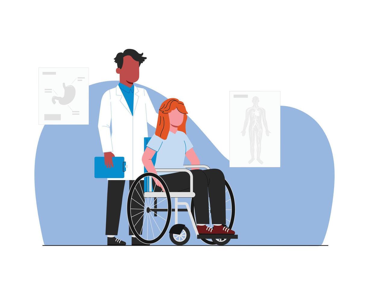 paziente nel un' sedia a rotelle con un' medico. vettore illustrazione nel piatto stile per Salute cura e medico tema.