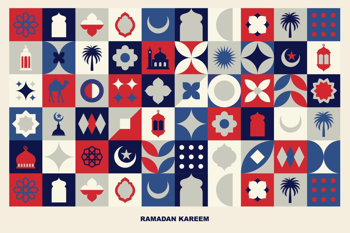 geometrico stile colorato islamico Ramadan kareem striscione, manifesto disegno, modello e geometrico sfondo. moschea, Luna, cupola e lanterne. minimalista illustrazioni vettore