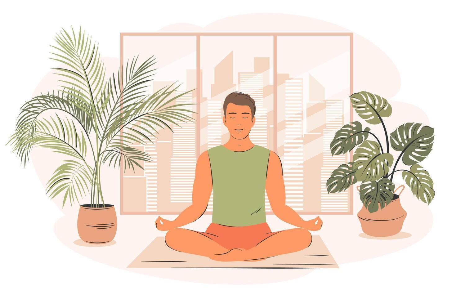 giovane uomo nel yoga posizione fare meditazione, consapevolezza la pratica, spirituale disciplina a home.young uomo praticante yoga, seduta con il suo gambe attraversato su pavimento. piatto vettore illustrazione.