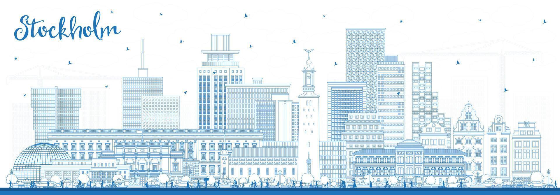 schema stoccolma Svezia città orizzonte con blu edifici. stoccolma paesaggio urbano con punti di riferimento. attività commerciale viaggio e turismo concetto con moderno e storico architettura. vettore