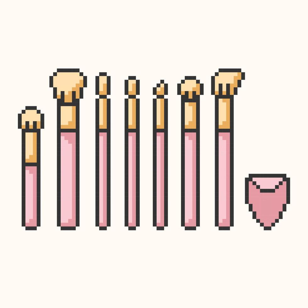 trucco spazzole kit pixel arte, isolato su beige sfondo.varie tipi di cosmetico spazzole e spugna per fondazione, correttore.vettore illustrazione eps10 vettore