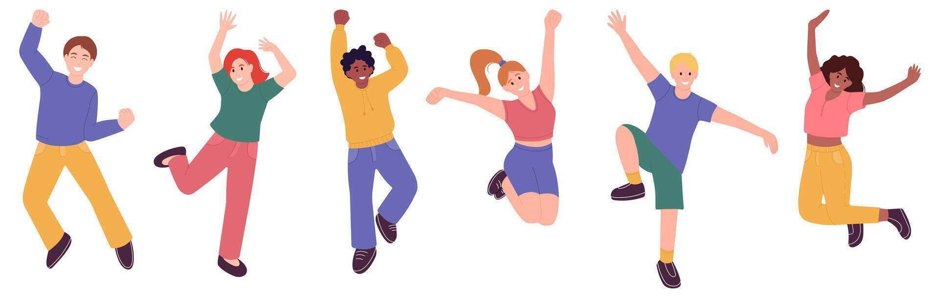 contento persone festeggiare impostare, salto e ridendo uomini e donne, contento emozioni, vettore illustrazione