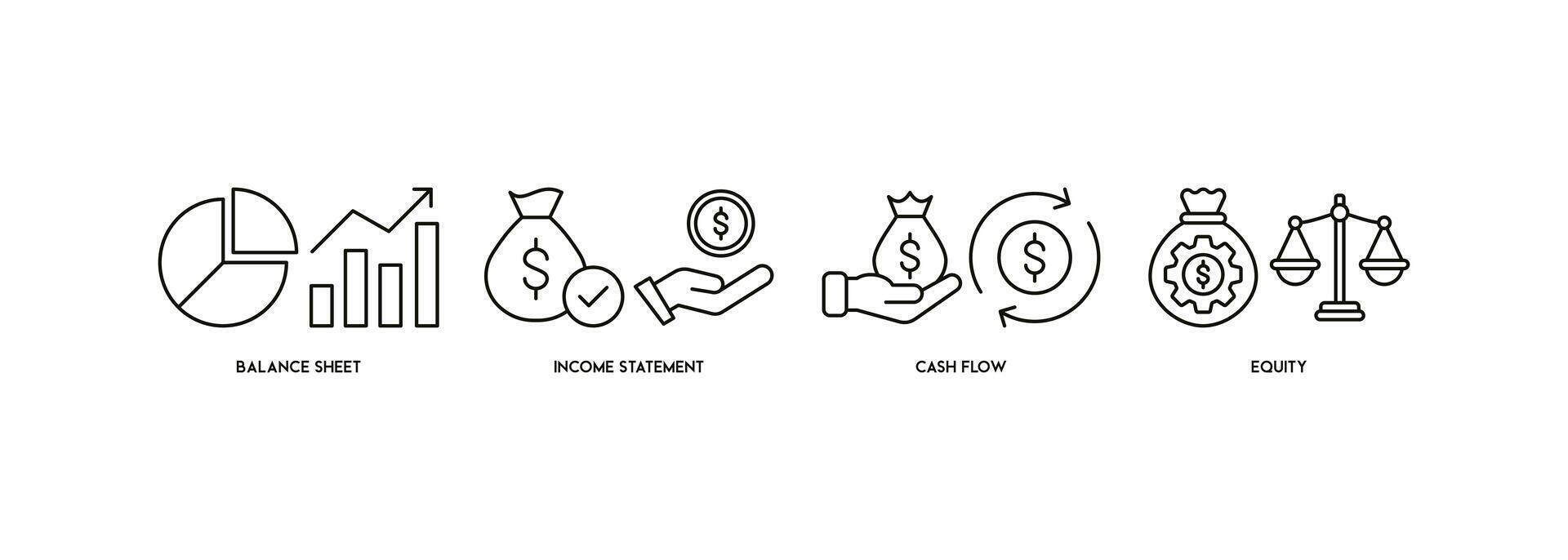 bandiera di finanziario dichiarazione ragnatela icona vettore illustrazione concetto con icona di grafico, equilibrio foglio, torta grafico, reddito dichiarazioni, i soldi, calcolatrice