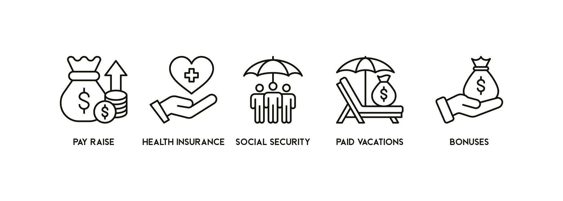 bandiera con dipendente benefici icona concetto su bianca sfondo vettore illustrazione con pagare aumentare, Salute assicurazione, sociale sicurezza, pagato vacanze e bonus