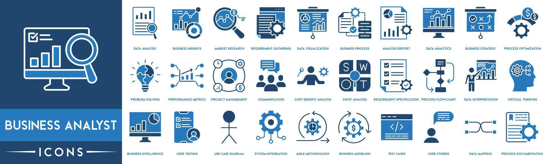 attività commerciale analista schema icona collezione. dati analisi, attività commerciale approfondimenti, mercato ricerca, dati visualizzazione, attività commerciale processi, analisi rapporto, dati analitica e attività commerciale strategia vettore