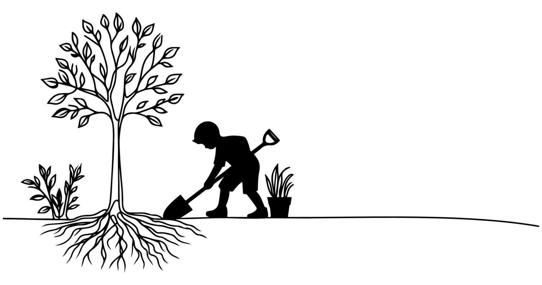 continuo uno nero linea arte disegno silhouette di bambini piantare albero. pala scava radici pianta in terra per Salva il mondo e terra giorno ridurre globale riscaldamento crescita vettore